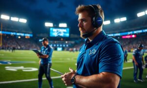 Detroit Lions QB coach Mark Brunell talks with Jared Goff in the Lions quarterback coach interview