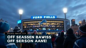 Detroit Lions offseason grades in a Detroit sports newsroom setting, highlighting ESPN team evaluation