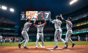 Detroit Tigers 12-7 win celebration at Comerica Park after a 6-run deficit comeback
