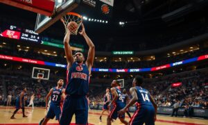 Detroit Pistons, John Collins in action near the rim as Pistons offense develops