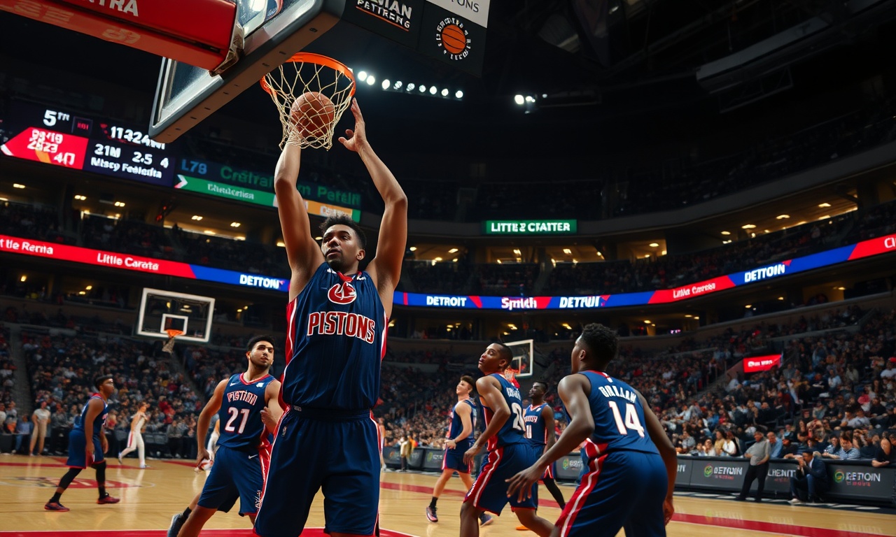 Detroit Pistons, John Collins in action near the rim as Pistons offense develops