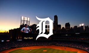 Detroit Tigers MLB draft picks: Comerica Park at dusk with Detroit skyline and baseball scouting imagery