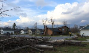 Detroit Lakes tornado aftermath with debris and damaged homes north of Detroit Lakes, Minnesota near the Floyd Lake area